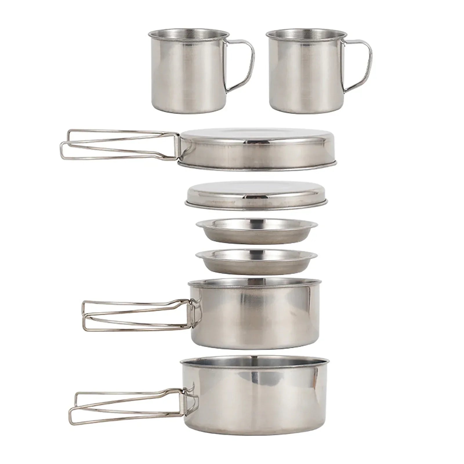 8-piece camping cookware set in silver stainless steel featuring pots pan plates and cups nested together