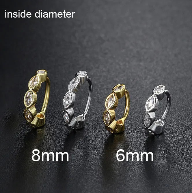 Cubic zirconia stainless steel hoop earring for cartilage and daith piercings in silver and gold — view 4