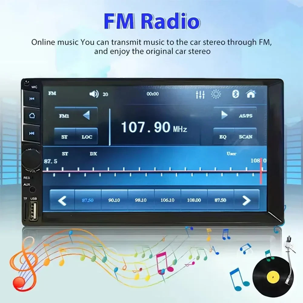 Black 7-inch touchscreen 2DIN car stereo multimedia system with bright digital display interface — view 5