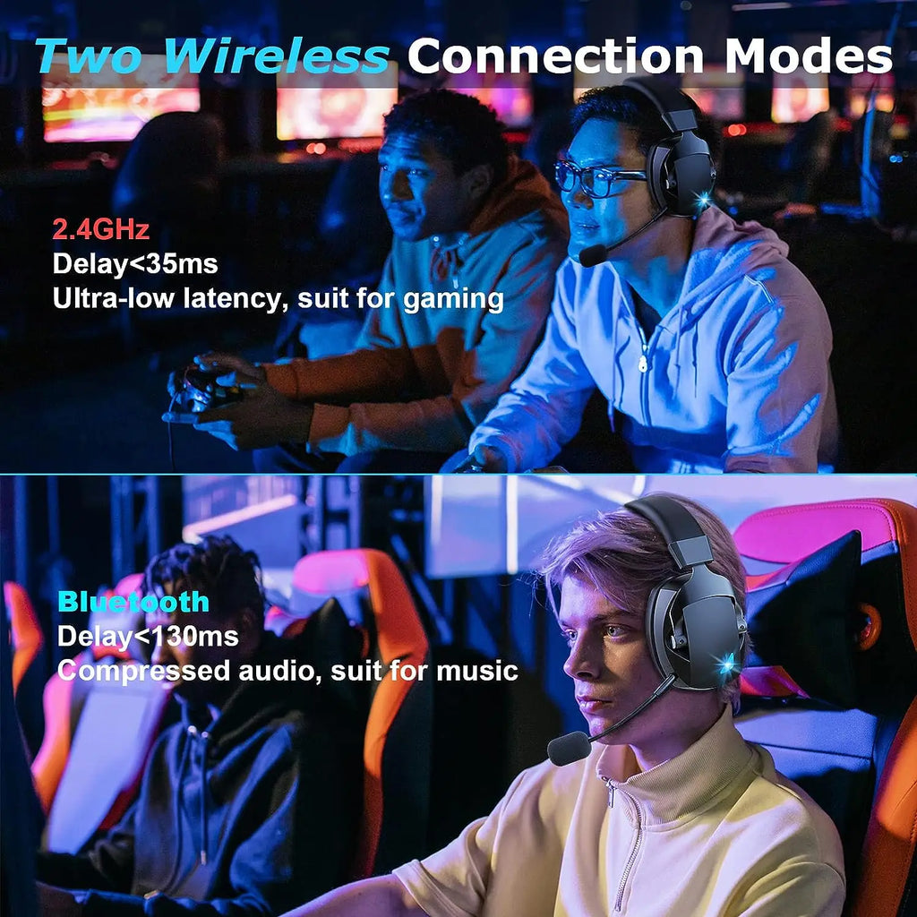 Black NNEOBA wireless gaming headset with cushioned over-ear cups and built-in adjustable microphone — view 3