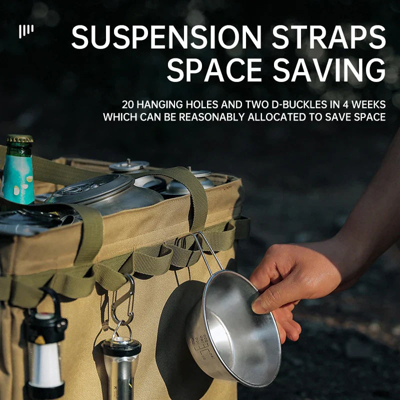 Khaki canvas multi-functional outdoor storage bag converting into a small portable camping table. — view 5