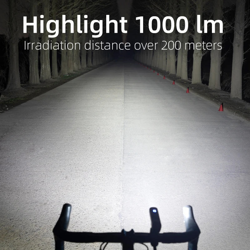 Black 1000LM smart bike headlight made of aluminum alloy for high visibility night cycling — view 3