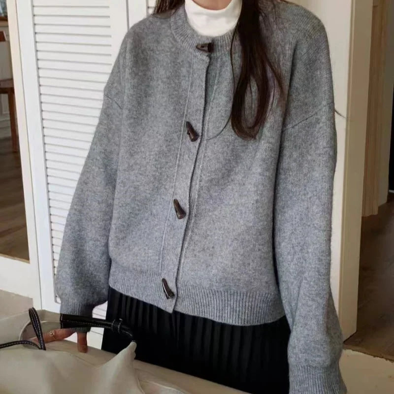 Women's thick wool crew neck button up knitted cardigan sweater in solid color — view 3