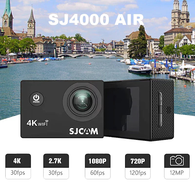 Black 4K Ultra HD action camera inside a clear 30-meter waterproof protective housing — view 4