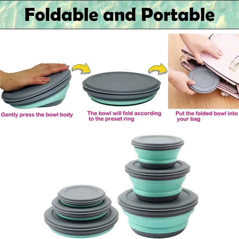 Three piece collapsible silicone folding camping bowl set in varying sizes for outdoor travel — view 4