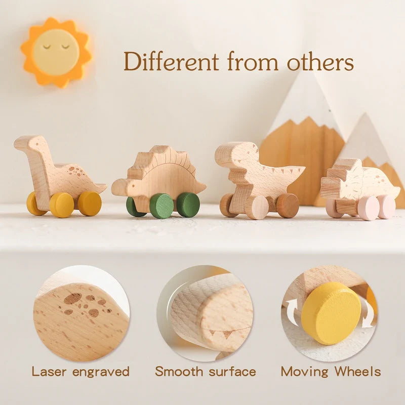 Beech wood Montessori dinosaur toy car with laser engraved details and painted rolling wheels — view 4