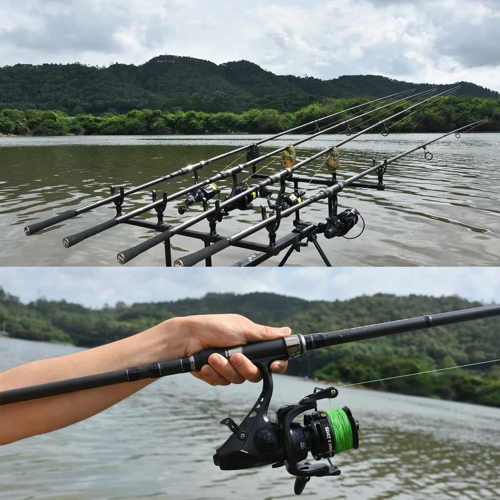 Grey 4.2m carbon fiber carp fishing rod with black non-slip grip and gunmetal guide rings — view 2