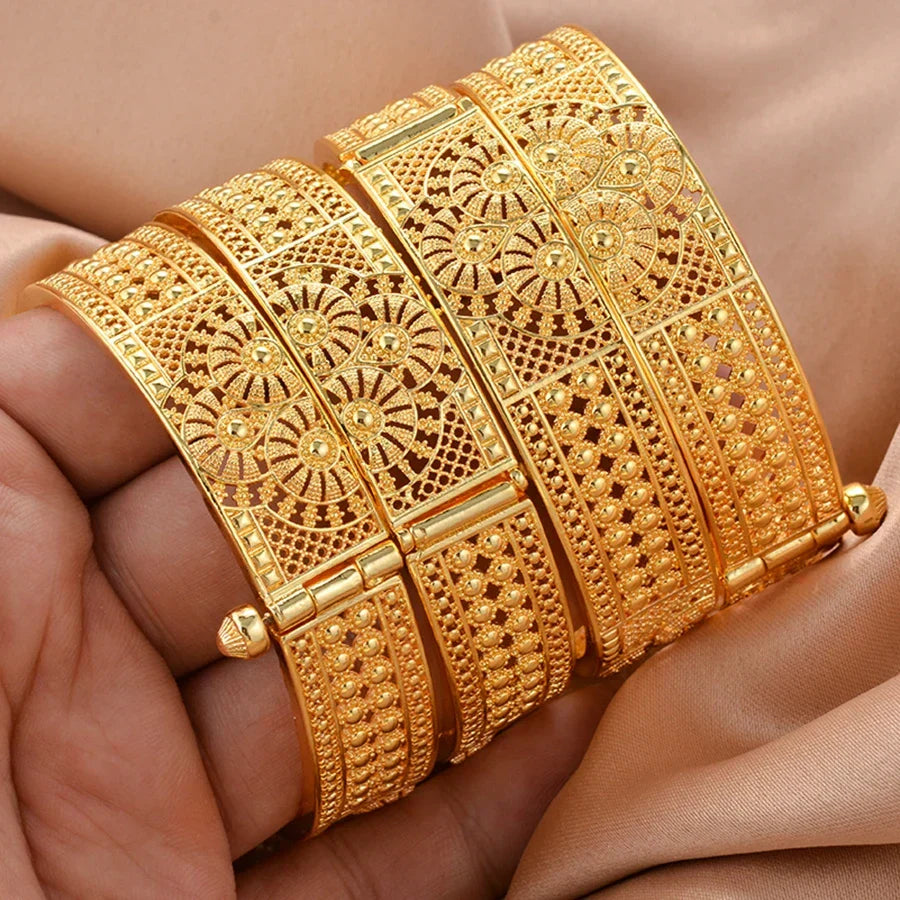 Four-piece gold-plated Ethiopian bangle set featuring intricate geometric designs for women's wedding jewelry. — view 5