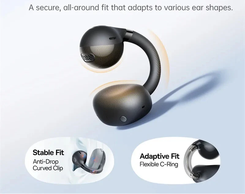 Ear clip open-ear wireless earbuds featuring an ergonomic tri-curve design and portable charging case — view 3