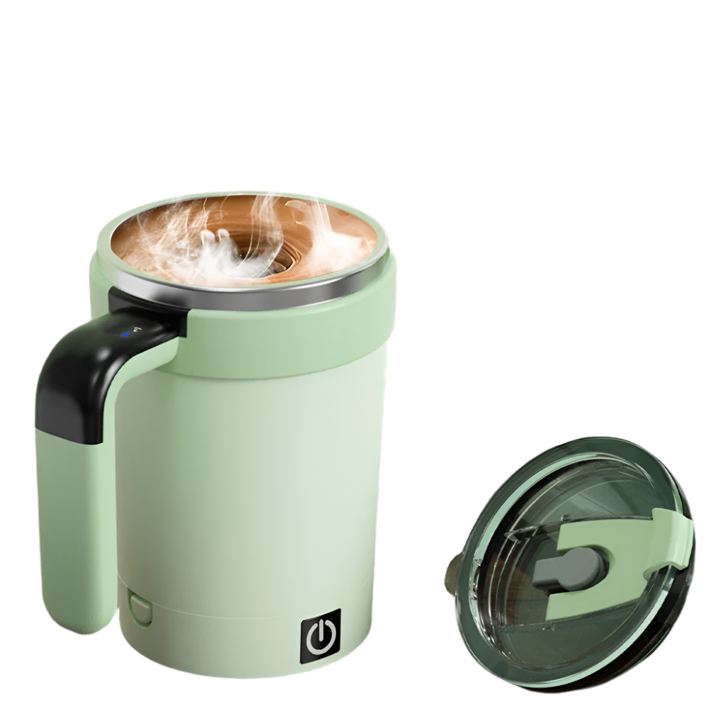 Green rechargeable magnetic self-stirring mug with LED temperature display and stainless steel straw