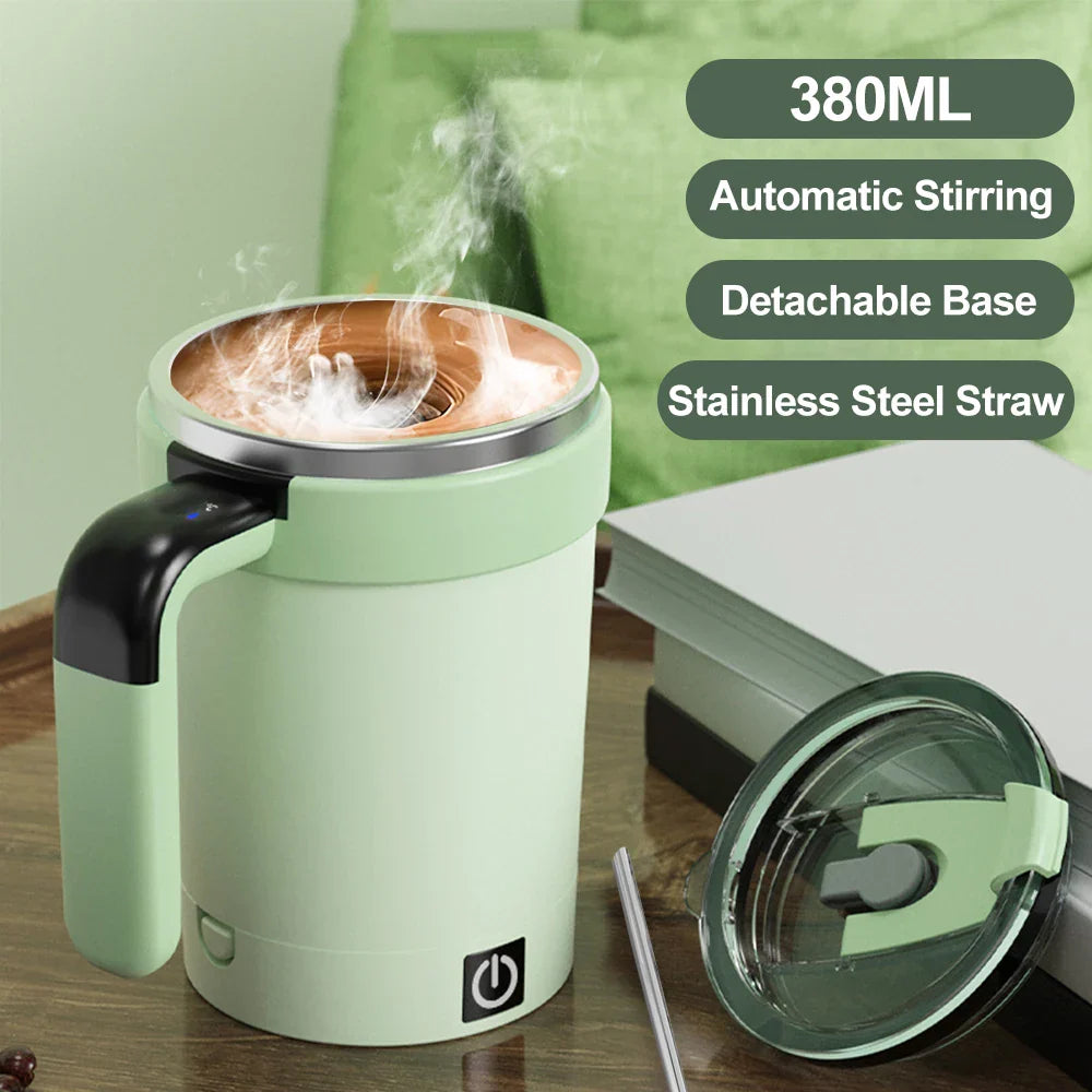 Green rechargeable magnetic self-stirring mug with LED temperature display and stainless steel straw — view 5