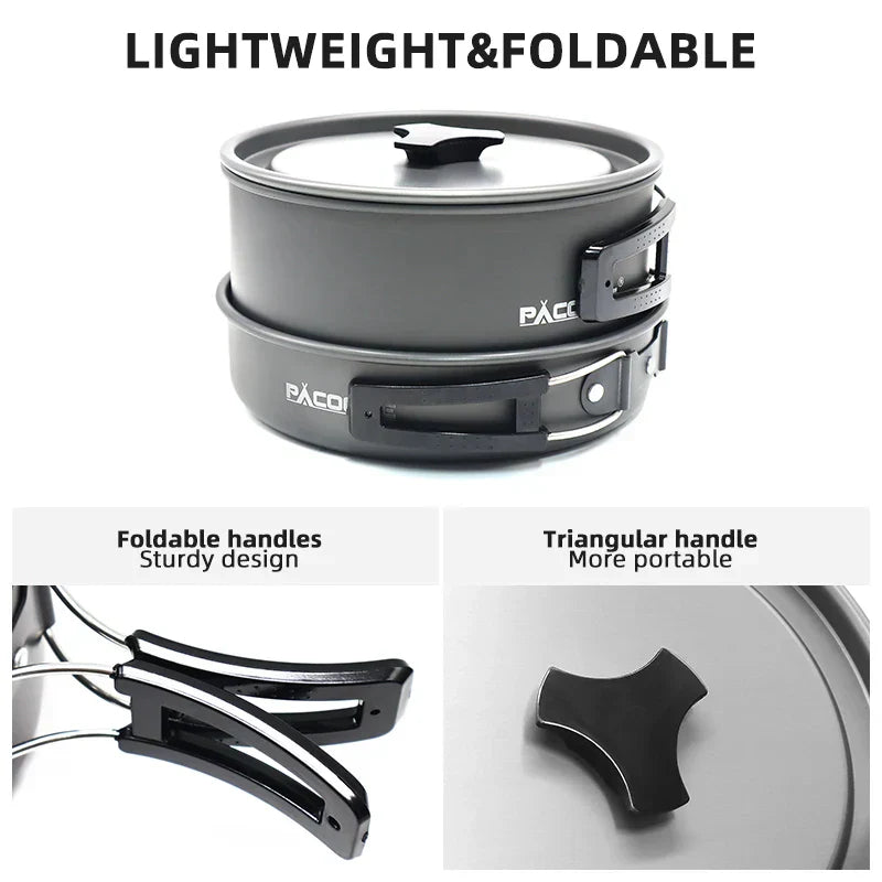 Portable metal camping cookware set with nesting pots, pans, water kettle, and tableware. — view 4