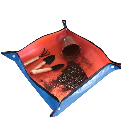 Waterproof PE garden potting pad with raised locked corners for mess-free indoor plant repotting.