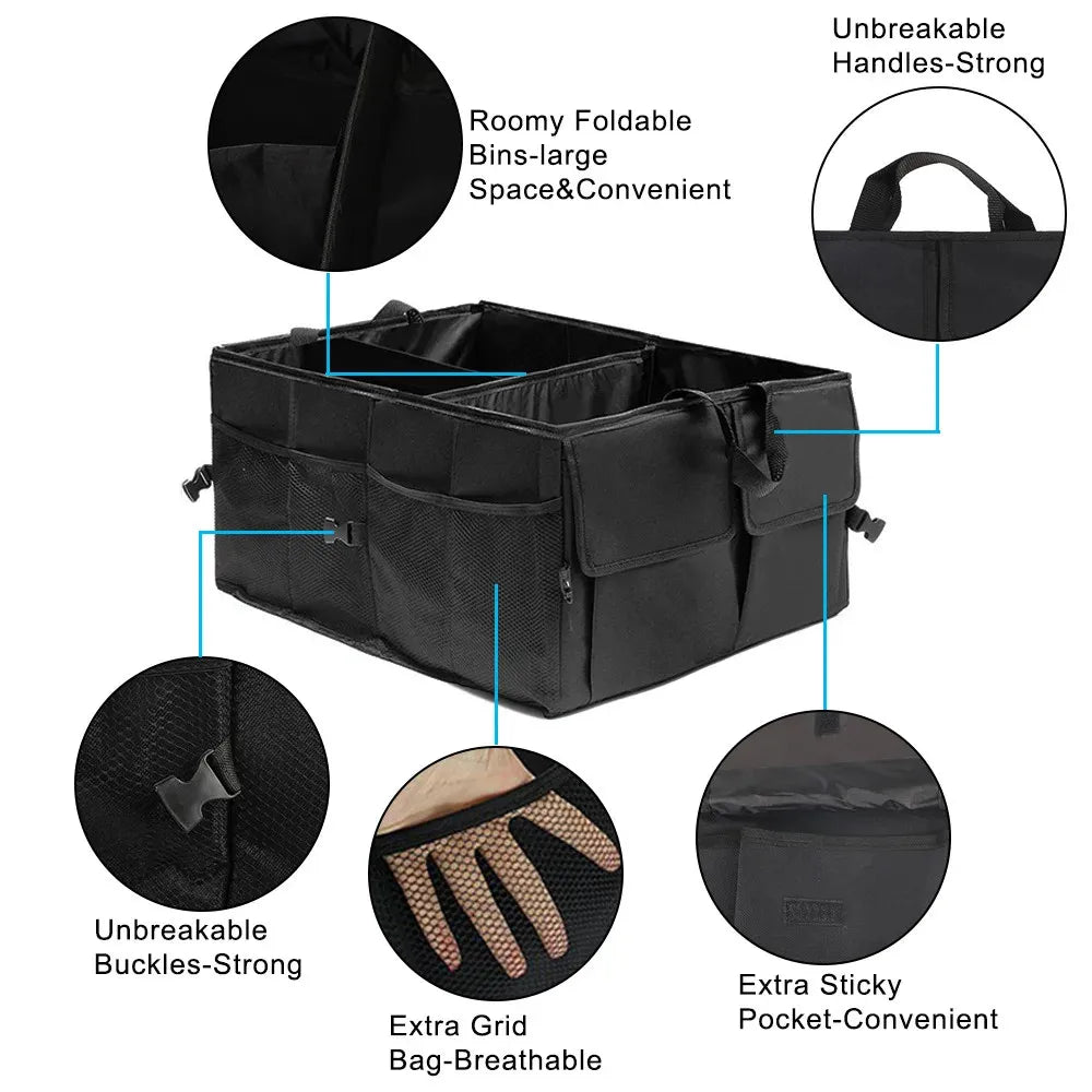 Large-capacity black collapsible car trunk organizer with multiple storage compartments and reinforced carrying handles — view 5
