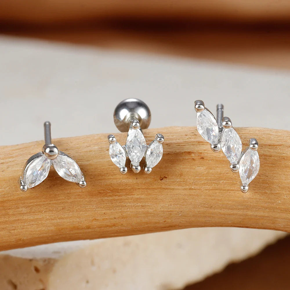 3-piece crown stud earring set in gold-plated stainless steel with sparkling zircon crystal accents — view 2
