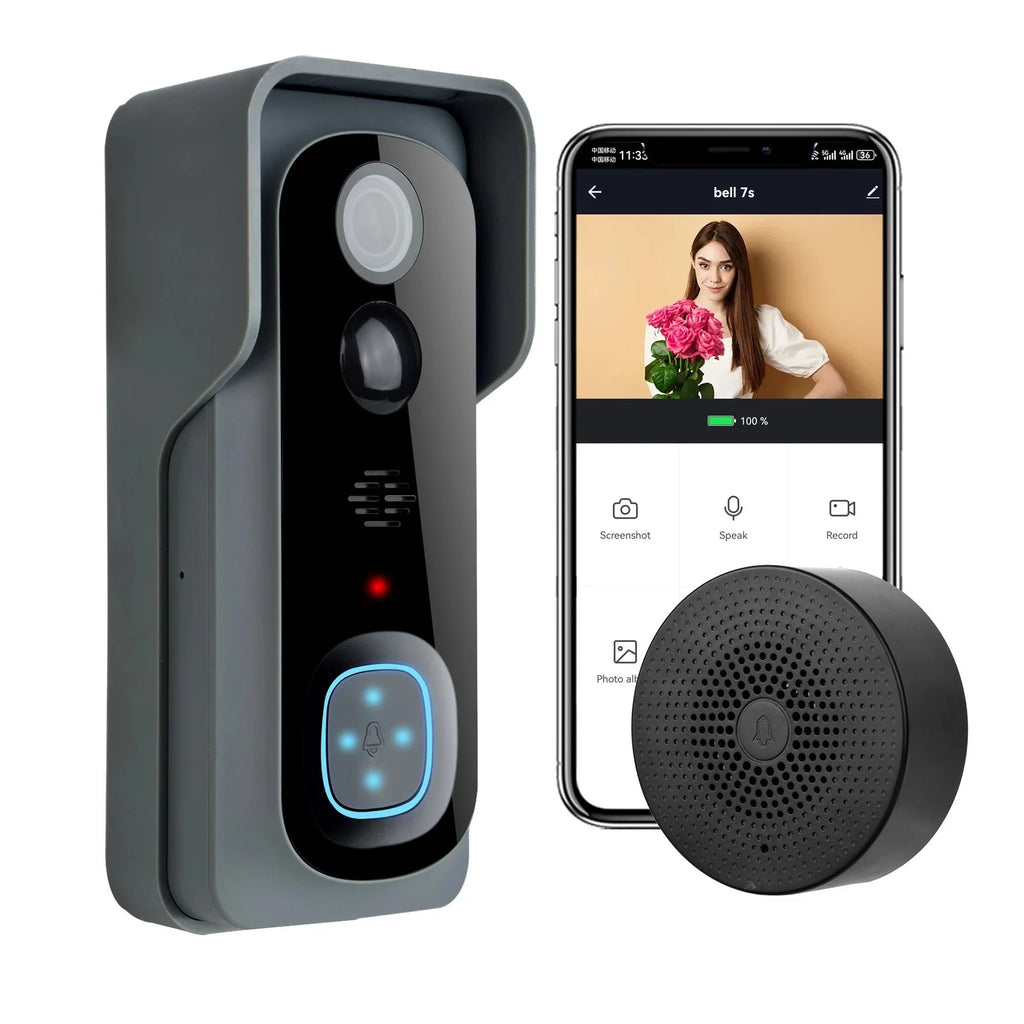 NNEOBA smart WiFi video doorbell camera with indoor chime in modern black and silver finish — view 2