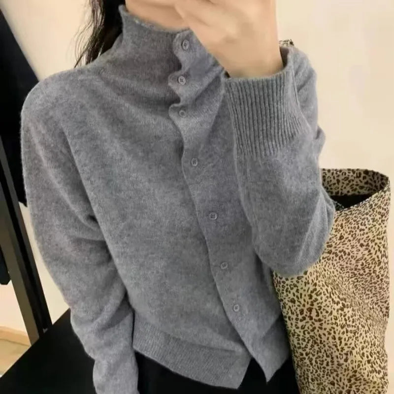 Women's French style 100 percent pure cashmere high neck button down cardigan sweater — view 5