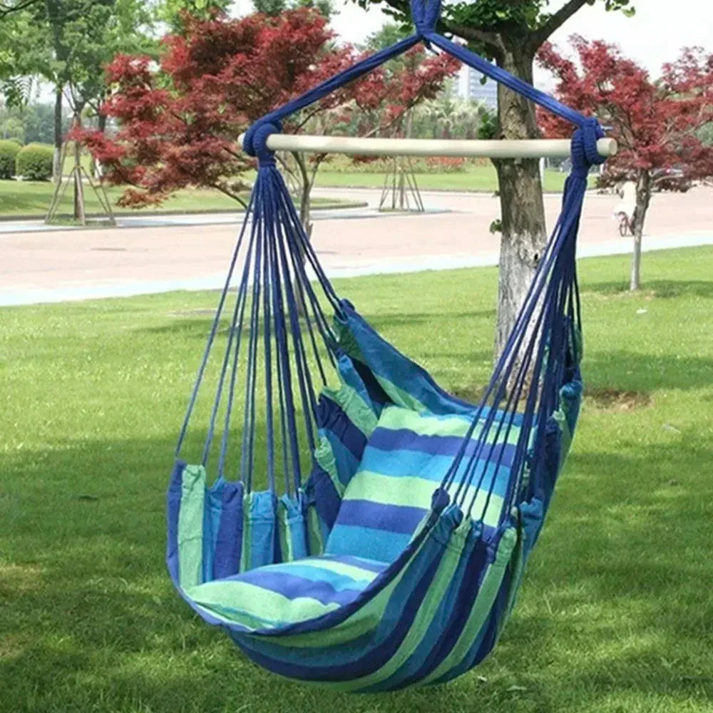 Hanging rope hammock chair swing for outdoor camping and garden patio with comfortable matching pillow — view 3