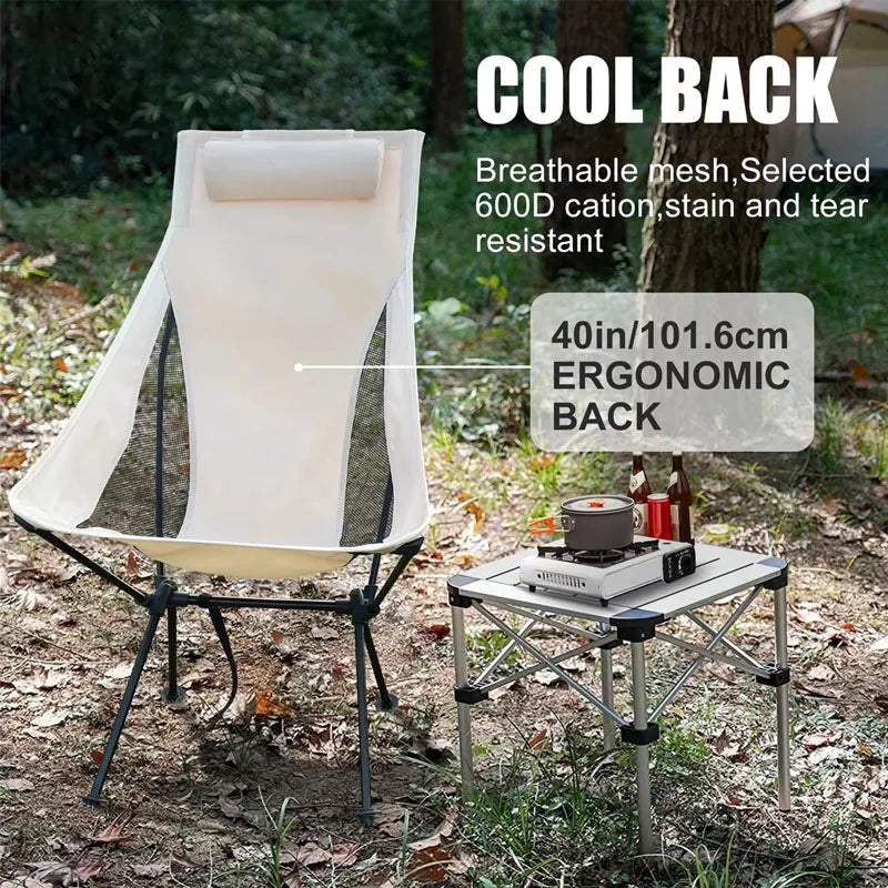 Beige ultra-light folding camping chair with aluminum frame and breathable 600D ripstop fabric — view 2