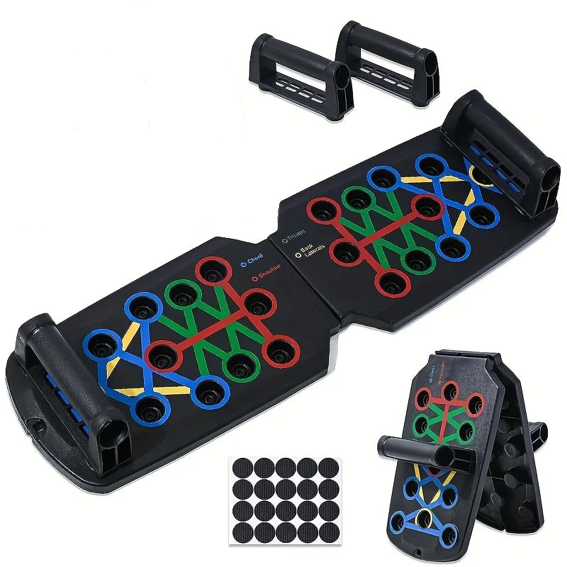 Foldable color-coded push-up board set with black padded non-slip handles for home workouts