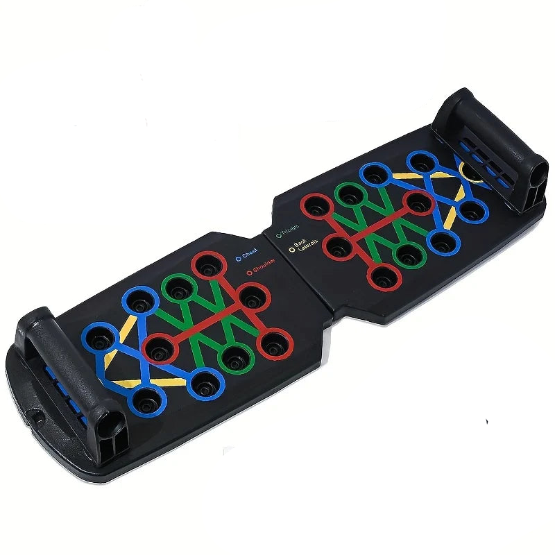 Foldable push-up board training system with color-coded zones and padded non-slip handle grips