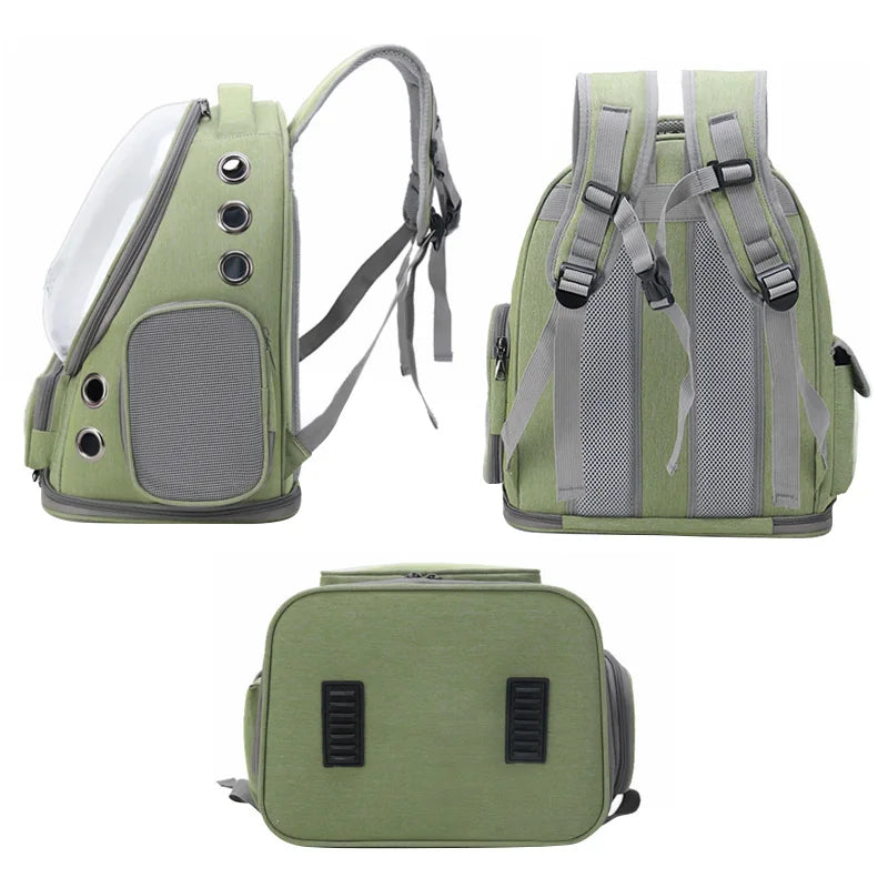 Transparent pet carrier backpack for cats and small dogs made of waterproof green Oxford cloth. — view 3