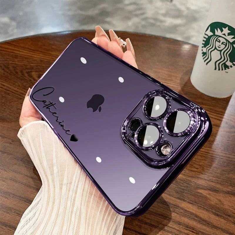 Personalized clear iPhone case with luxury metallic plating and custom name engraving on the back — view 4