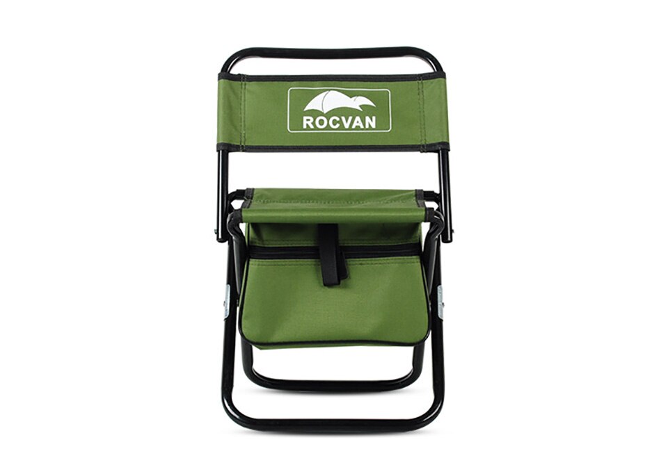 Green foldable fishing chair with built-in insulated cooler backpack and sturdy steel frame.