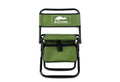 Green foldable fishing chair with built-in insulated cooler backpack and sturdy steel frame.