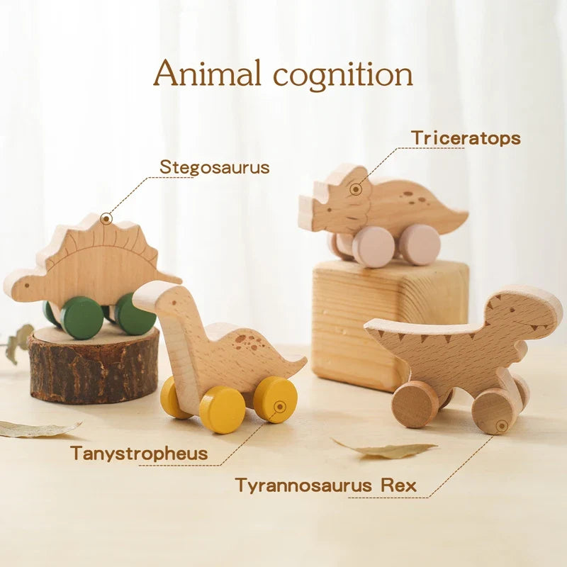 Beech wood Montessori dinosaur toy car with laser engraved details and painted rolling wheels — view 3