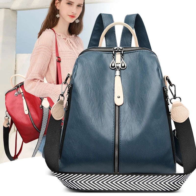 Womens blue soft PU leather fashion backpack rucksack with zipper closure and adjustable shoulder straps — view 2