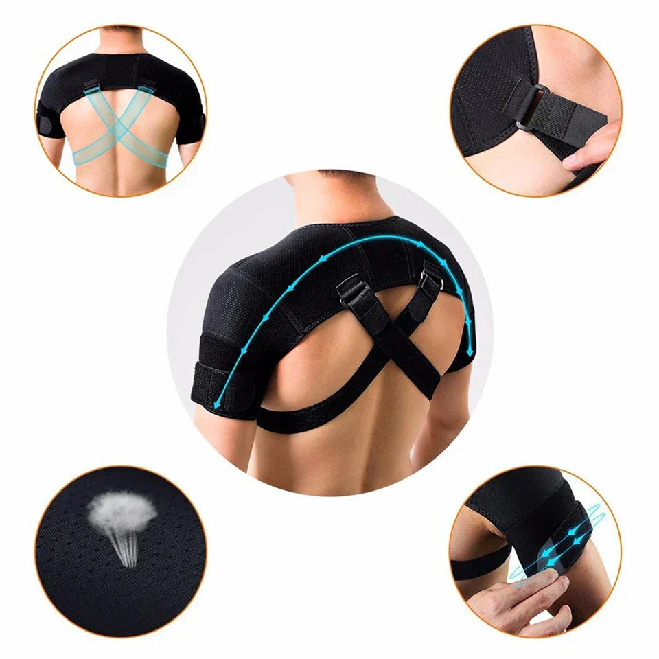 Black neoprene double shoulder brace wrap with adjustable compression straps for pain relief and recovery — view 3