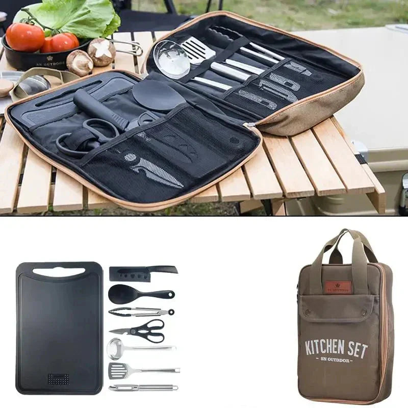 8-piece camping cookware set with stainless steel utensils and khaki zip carrying case — view 2