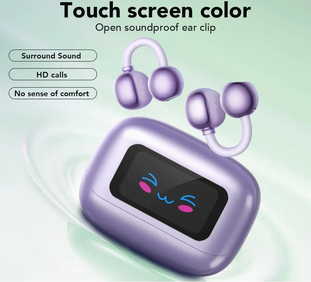 Purple open-ear wireless earbuds with digital LCD charging case and AI translator display — view 2
