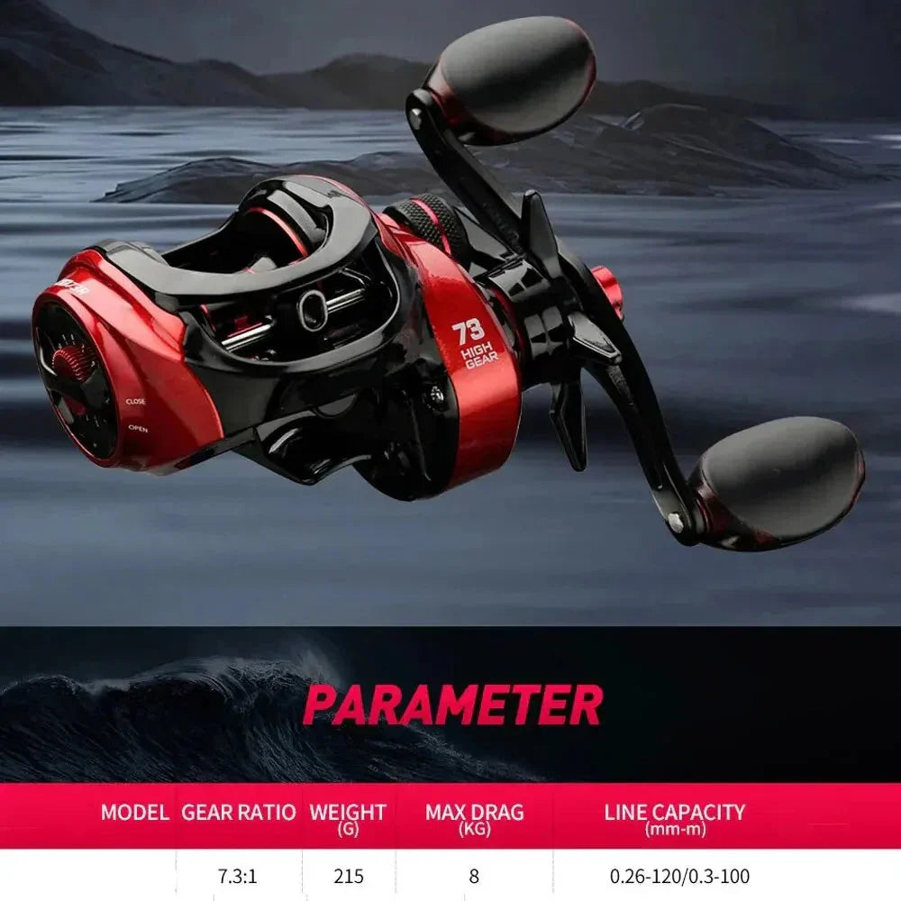Red right-handed baitcasting fishing reel with CNC aluminum spool and ergonomic black rubber knobs — view 2