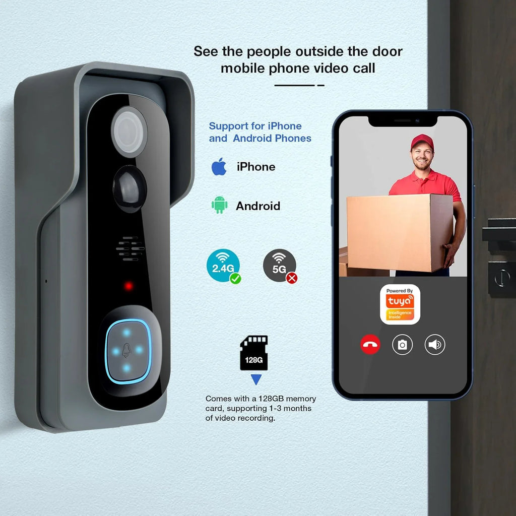 NNEOBA smart WiFi video doorbell camera with indoor chime in modern black and silver finish — view 4