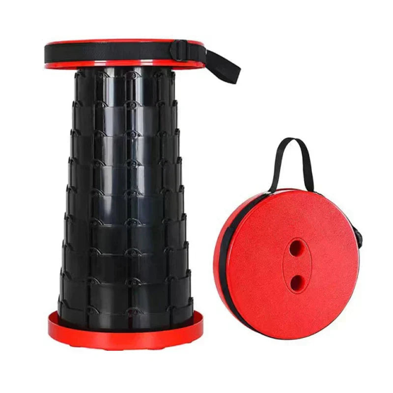 Red portable retractable outdoor stool for camping and beach trips made of durable plastic