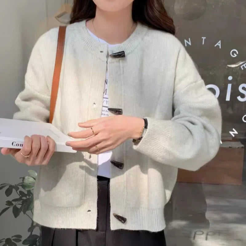 Women's thick wool crew neck button up knitted cardigan sweater in solid color — view 5