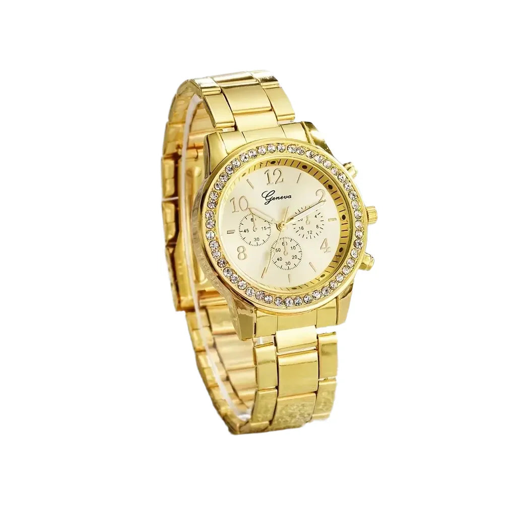 Women's luxury 5-piece gold watch and rhinestone jewelry set with necklace, ring, and earrings — view 2