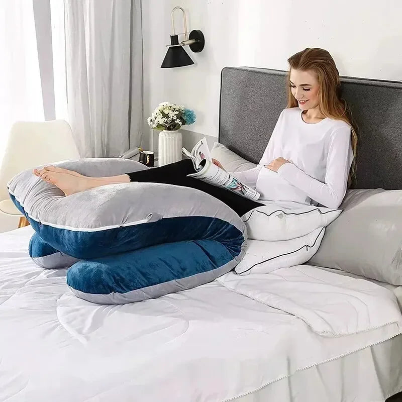 Grey pure cotton U-shaped pregnancy pillow providing full body maternity support for side sleepers — view 4