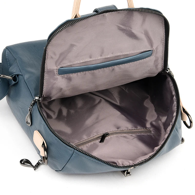 Womens blue soft PU leather fashion backpack rucksack with zipper closure and adjustable shoulder straps — view 4