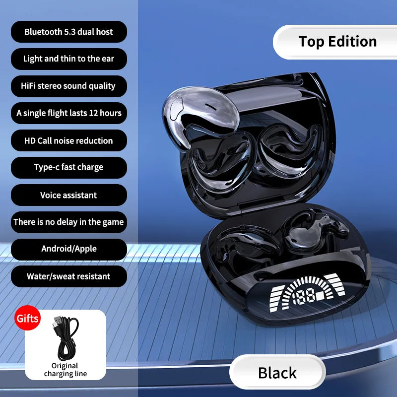 Mini noise cancelling wireless sports earbuds inside compact charging case with visible LED battery display — view 5