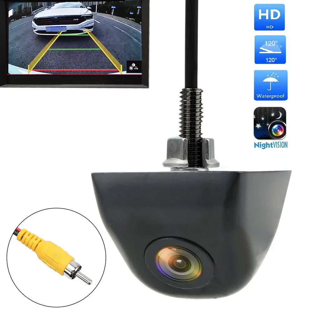 Black car reverse rear view camera with 120-degree wide angle lens and connection cables — view 2