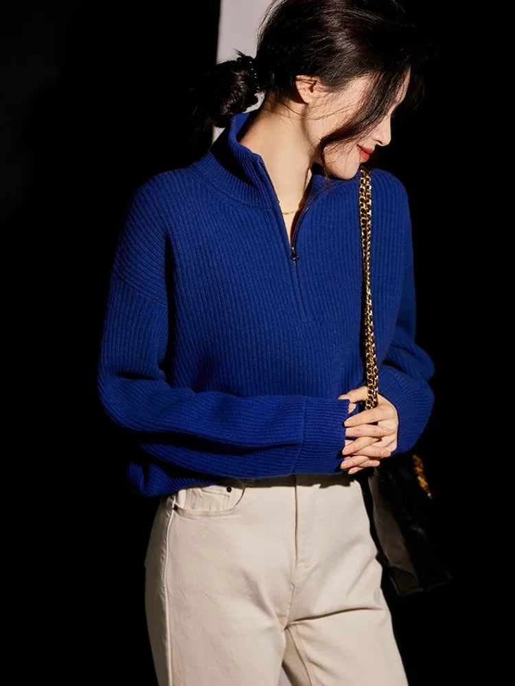 Women's pure cashmere half-zip pullover sweater with a stand collar and loose fit — view 3