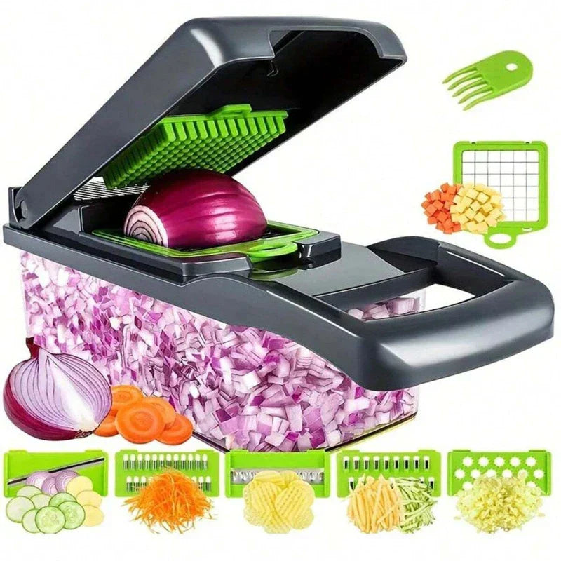 16-piece multifunctional vegetable chopper set with stainless steel blades and a clear BPA-free plastic container