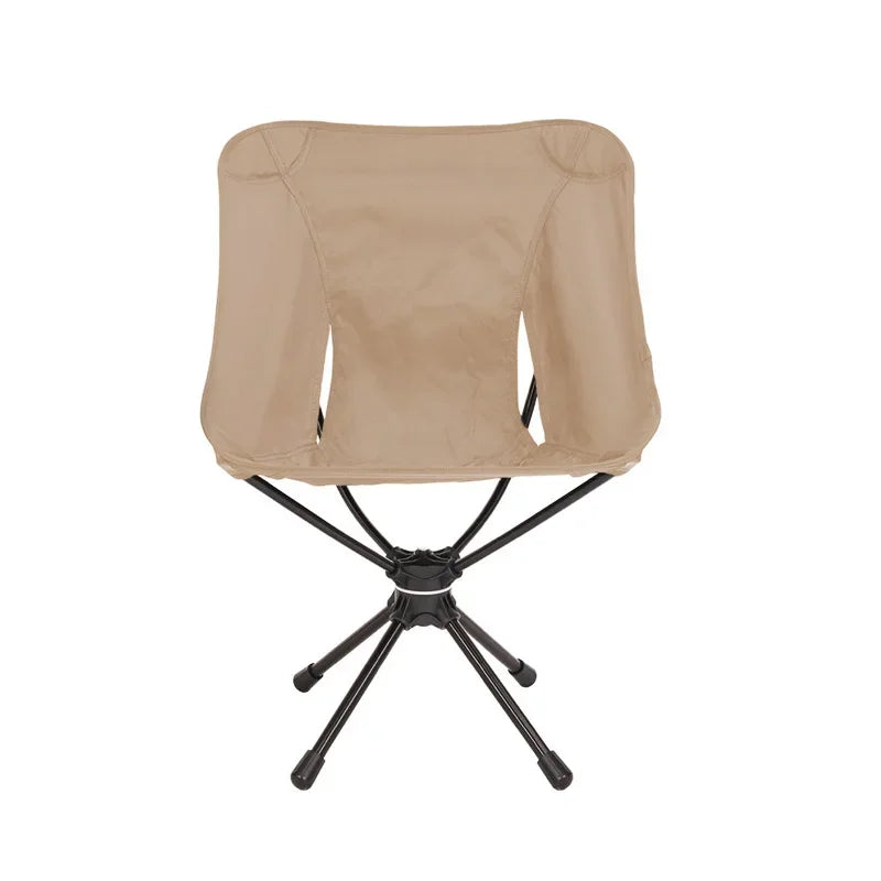 Khaki foldable swivel camping chair with aluminum frame and compact carrying bag