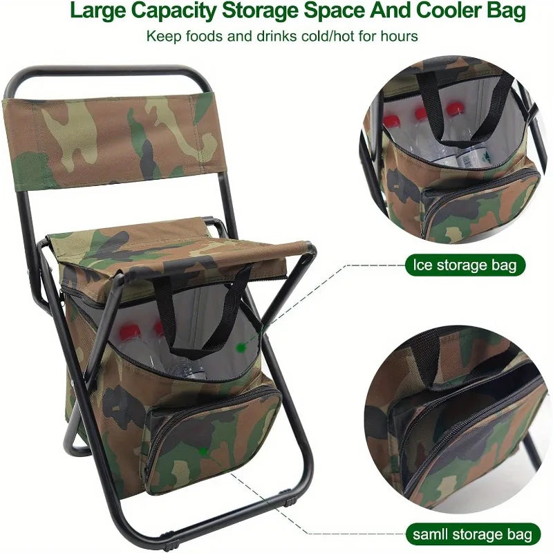 Foldable camping chair in durable fabric with built in zip up cooler bag attached below seat — view 3