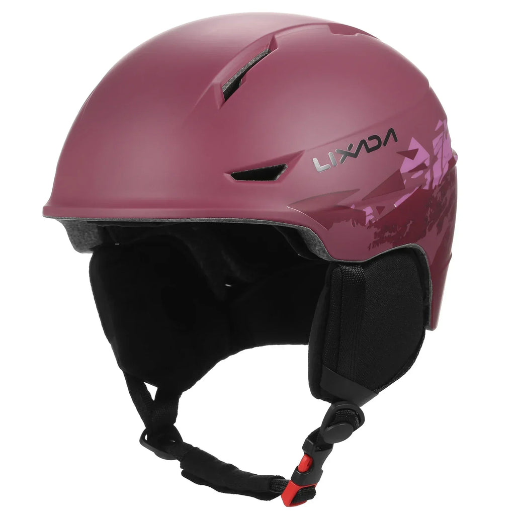 Unisex snowboard helmet featuring detachable plush earmuffs secure goggle strap and air vents for winter sports