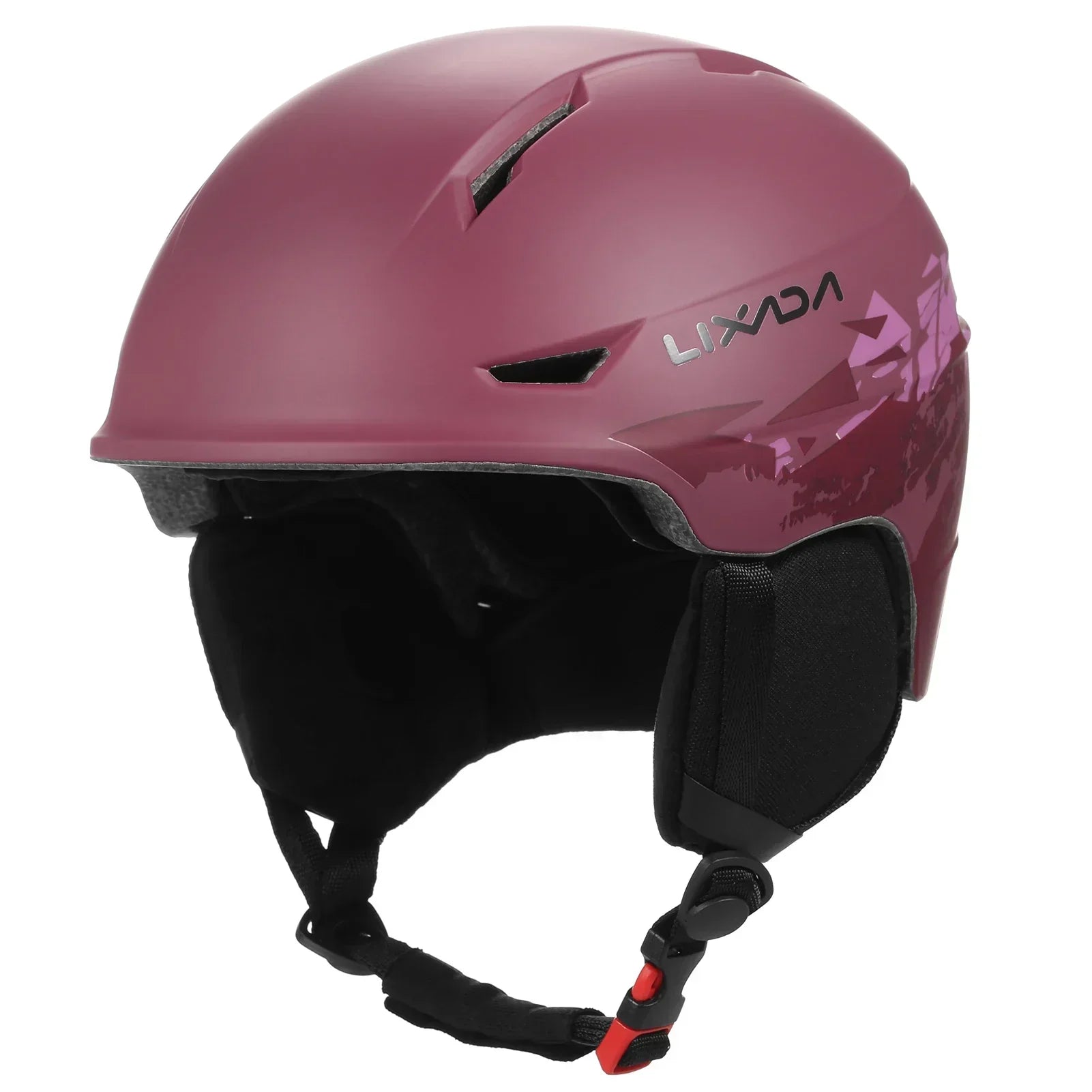 Unisex snowboard helmet featuring detachable plush earmuffs secure goggle strap and air vents for winter sports