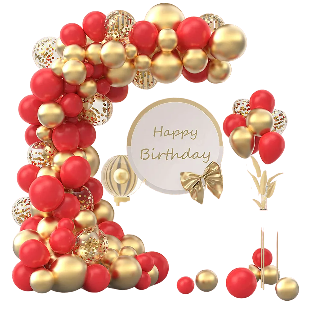 Red and gold balloon arch garland kit with metallic confetti balloons for party decor